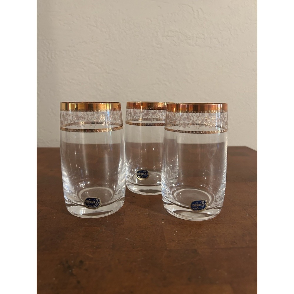 3 MCM Vintage Gold Embellished Glasses Bohemia Czech Republic Barware Retro EUC